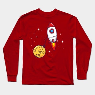 Rocket Flying With Moon In Space Cartoon Long Sleeve T-Shirt